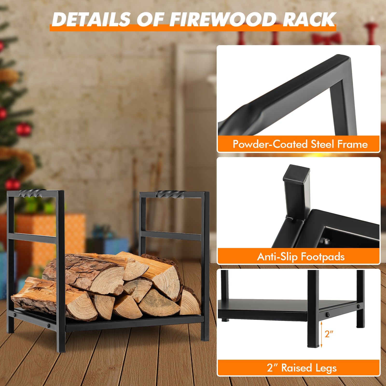 Firewood Log Rack with Solid Bottom Panel and Screw Thread Handle-Black