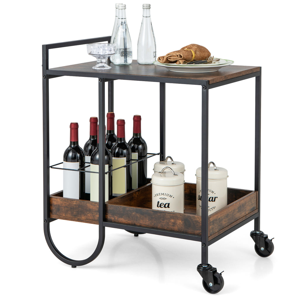 Rolling Buffet Serving Bar Cart with Removable Wine Rack-Rustic Brown