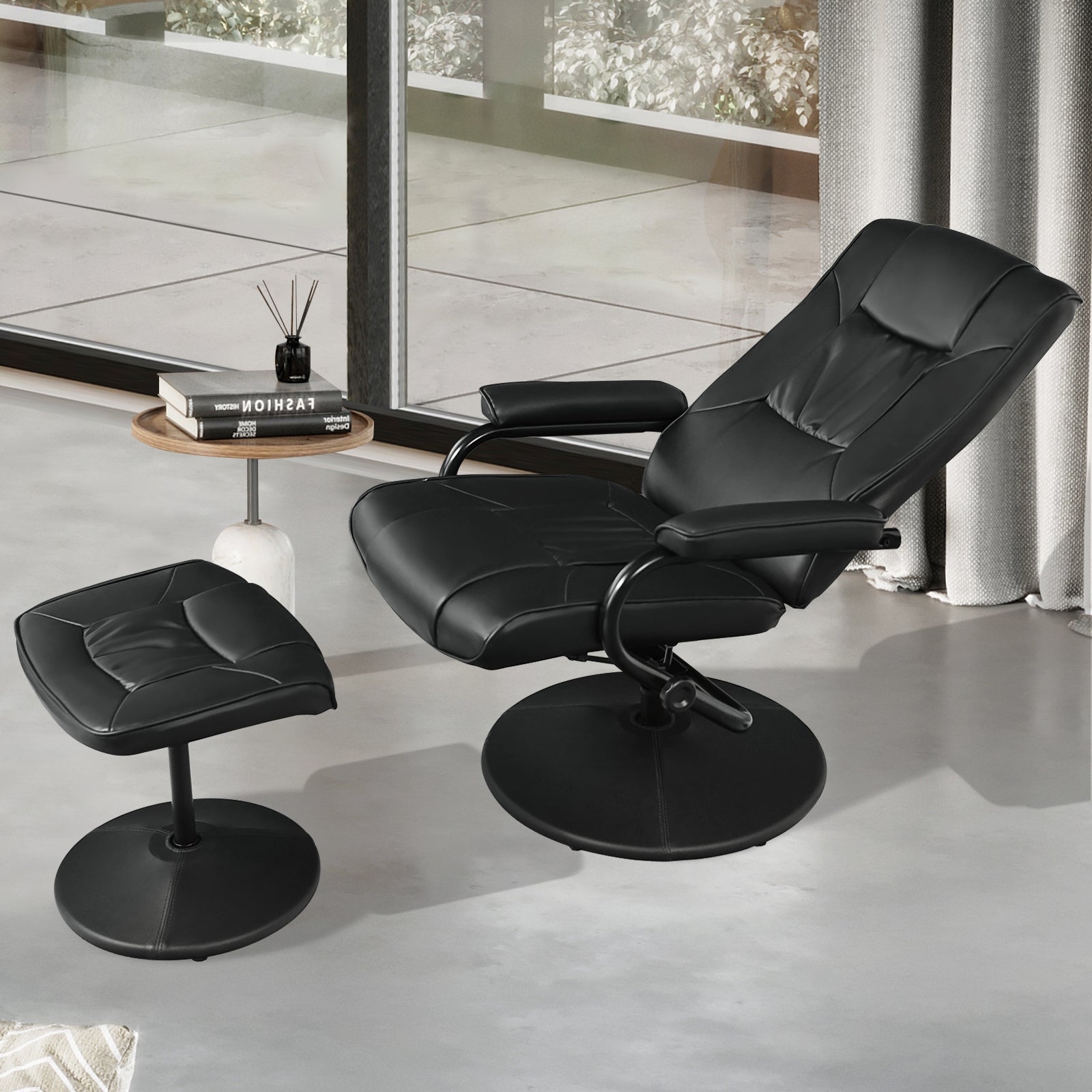 Swivel Recliner Chair with Footstool and Adjustable Backrest-Black