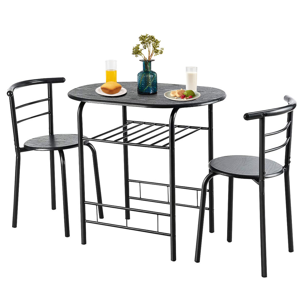 3 Pieces Compact Dining Set with Storage Shelf for Kitchen Bars-Black