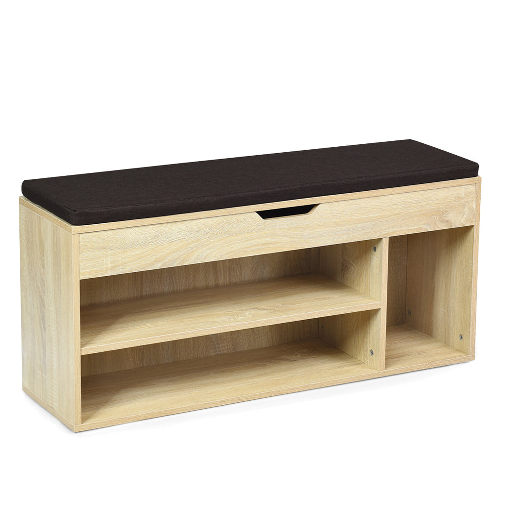 Shoe Bench with Hidden Compartment and Open Shelves-Natural