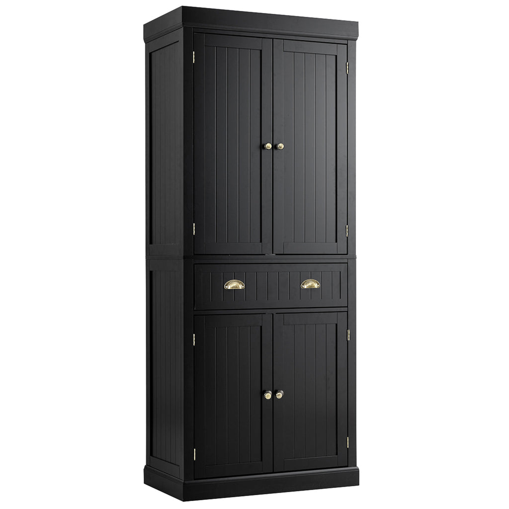 4-Door Tall Kitchen Cupboard Adjustable Shelves and Drawer-Black