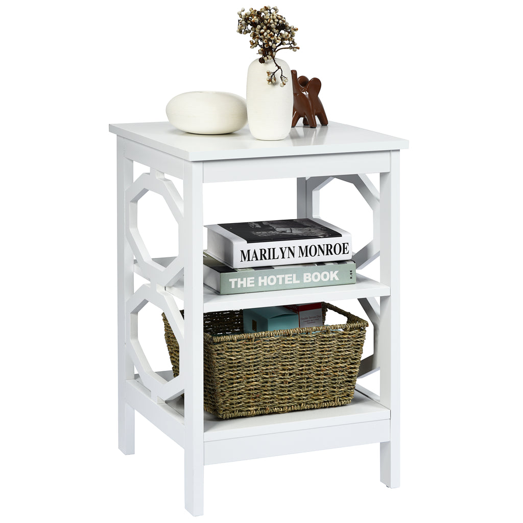 3-Tier Bedside Table with Storage Shelves for Living Room Bedroom - White