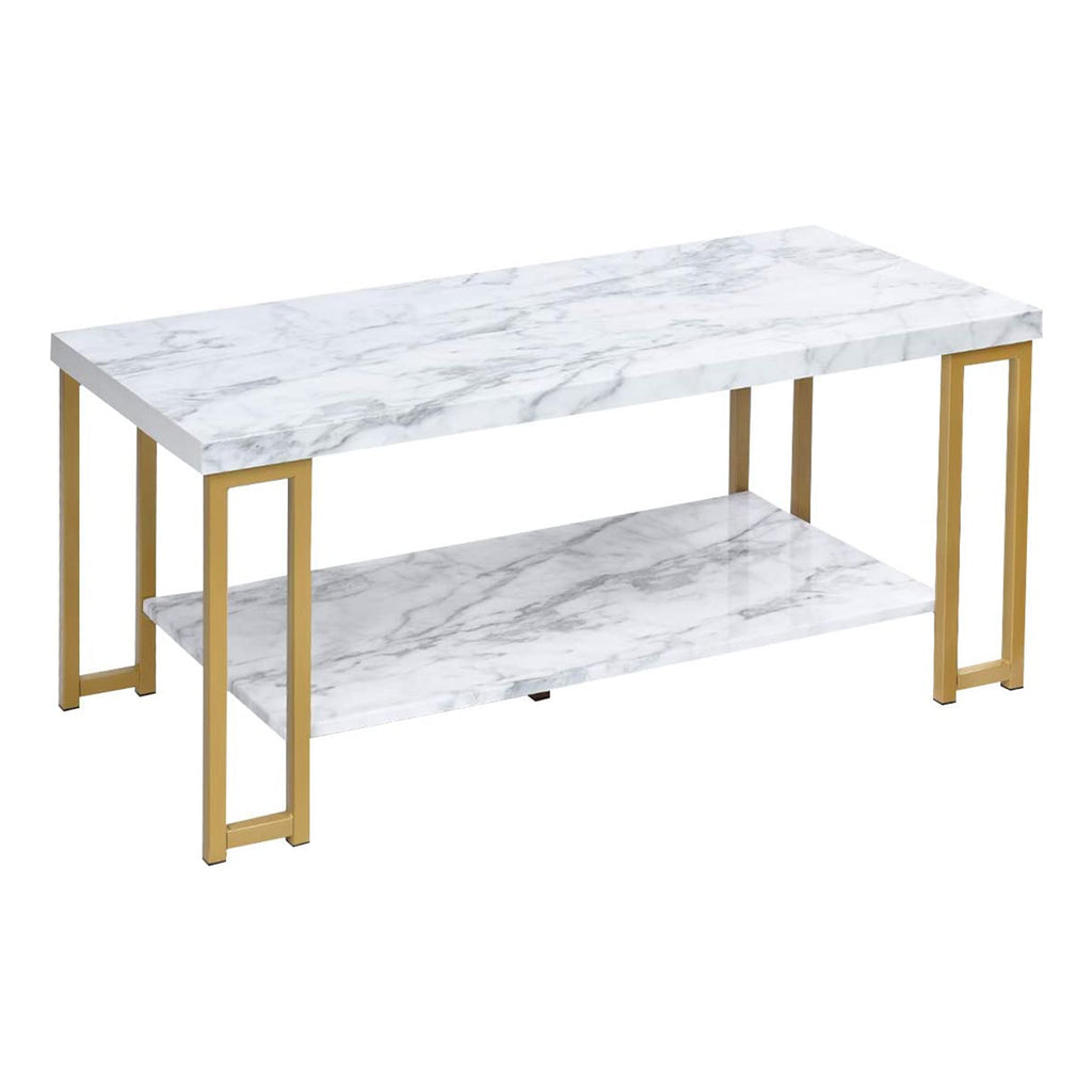 2-Tier Marble Print Coffee Table with MDF Top and Gold Print Metal Frame
