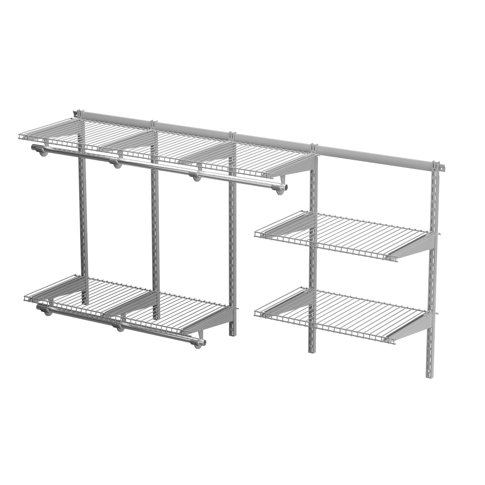 Wall-Mounted Closet Organizer System with Wire Shelving and Cloth Rods-Grey