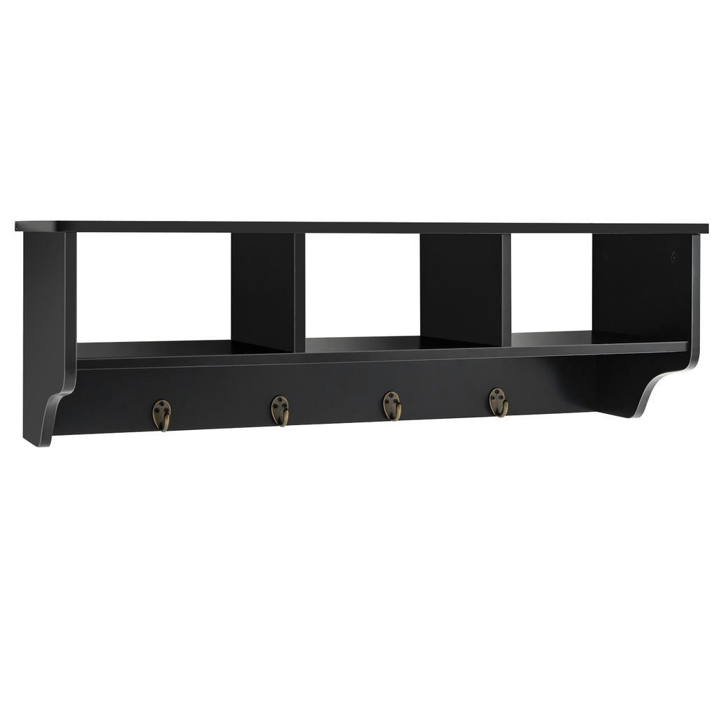 31-Inch Floating Storage Shelf with 3 Open Compartments and 4 Hanging Hooks-Black