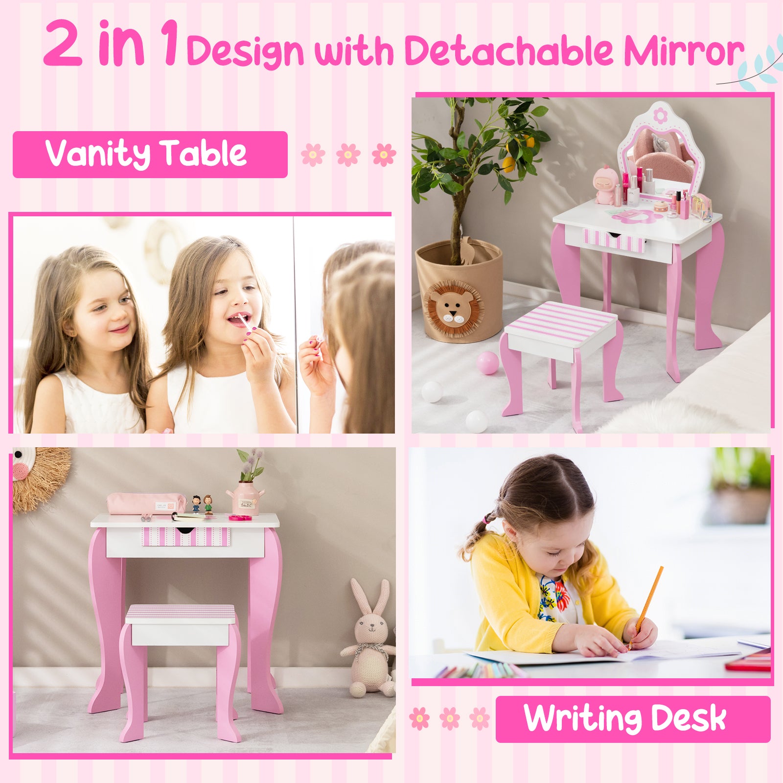 Kids Vanity Table and Stool Set with Mirror and Drawer-Pink; White