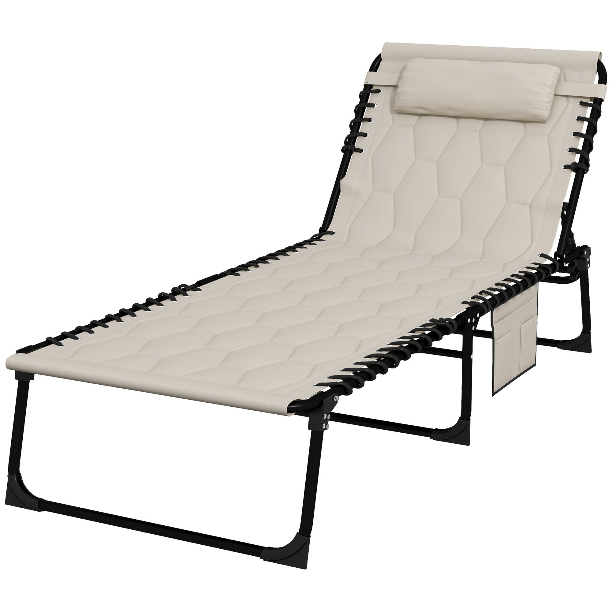 Outsunny Foldable Sun Lounger Set with 5-level Reclining Back, Outdoor Tanning Chairs Sun Loungers with Build-in Padded Seat, Side Pocket, Headrest for Beach, Yard, Patio, Khaki