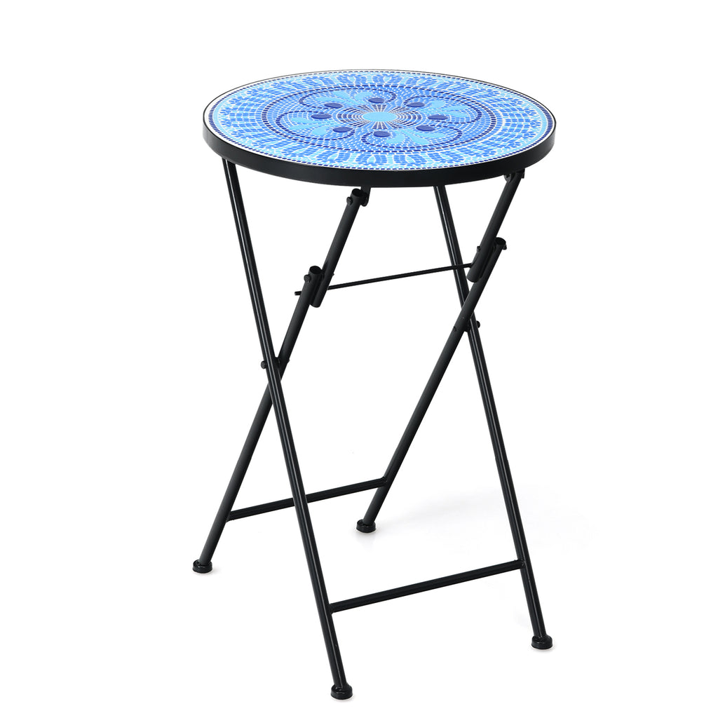 Folding Mosaic Side Table with Ceramic Tile Top and Non slip Foot Mat Blue Four Leaf Clover 