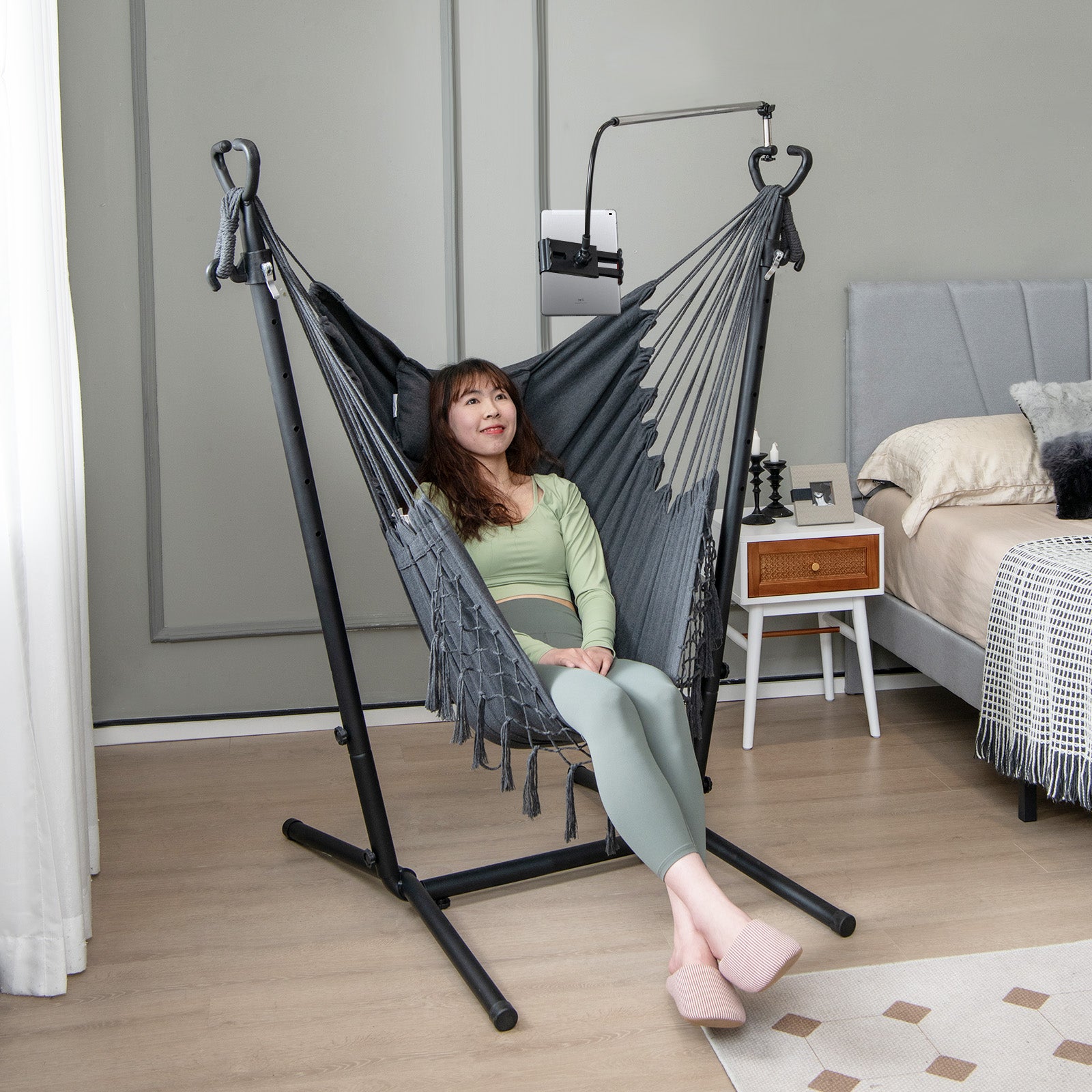 Hammock Chair with Stand and Phone Holder-Grey