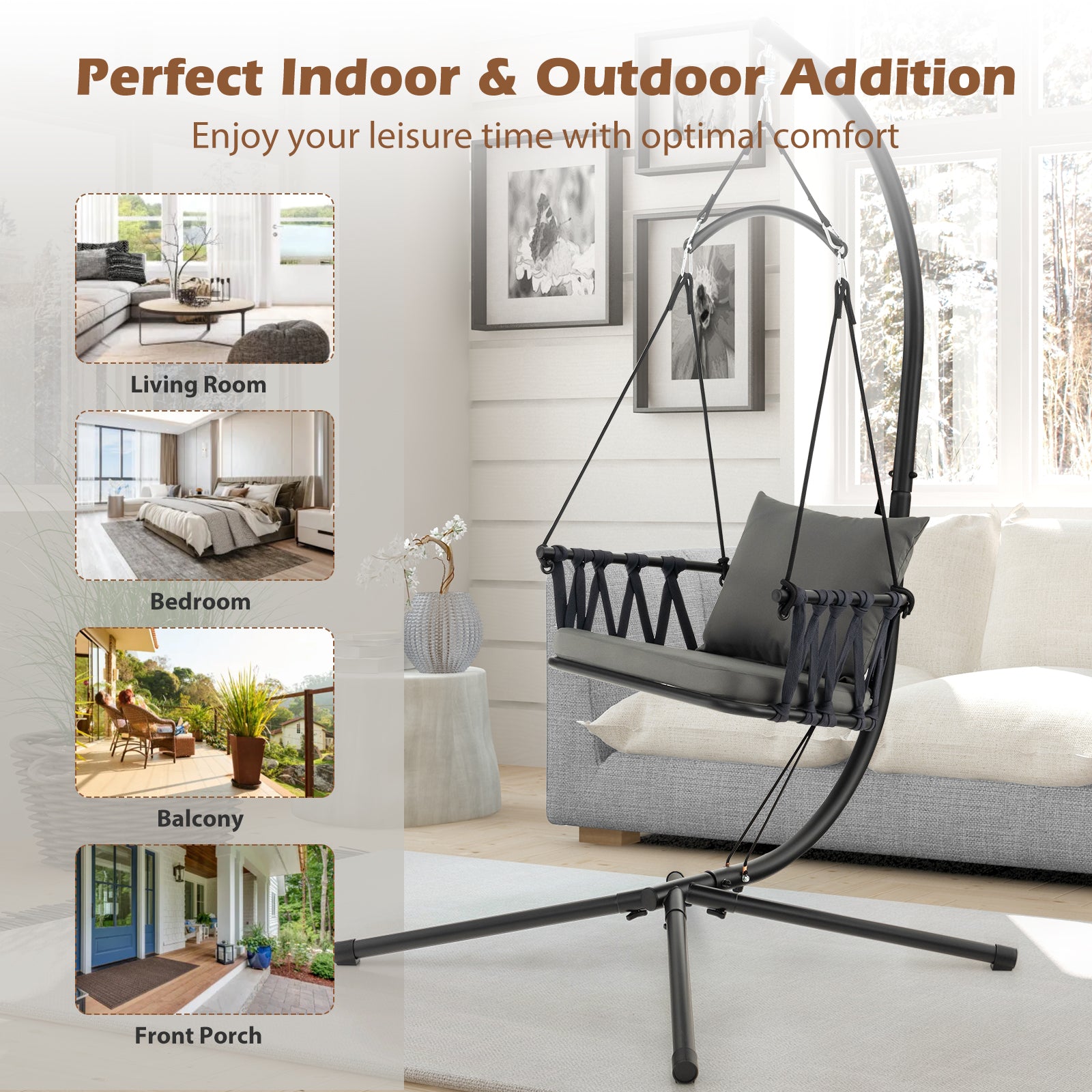 Indoor Outdoor Hanging Swing Chair with Stand and Woven Backrest-Grey