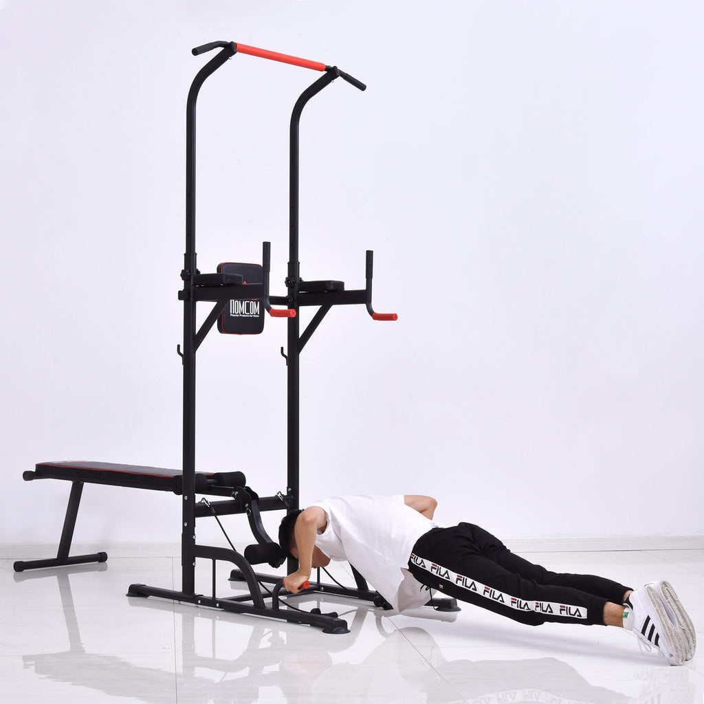 HOMCOM Steel Strength Training Power Tower Pull Up Station Black/Red - Inspirely