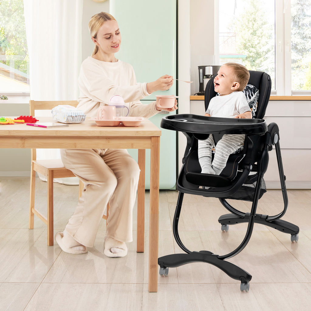 Multifunctional Folding Baby High Chair with Rolling Wheels-Black