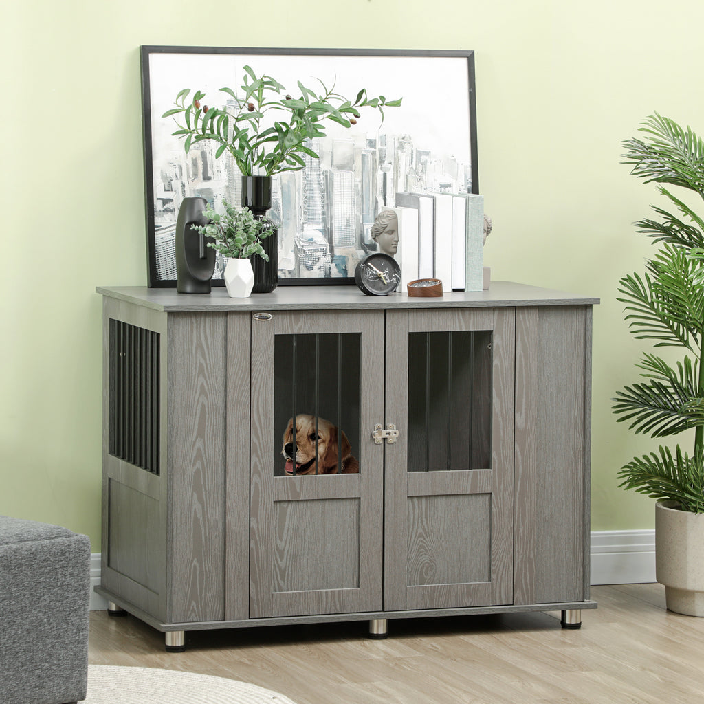 PawHut Dog Crate Furniture End Table, Pet Kennel for Extra Large Dogs with Magnetic Door Indoor Animal Cage, Grey, 116 x 60 x 87 cm