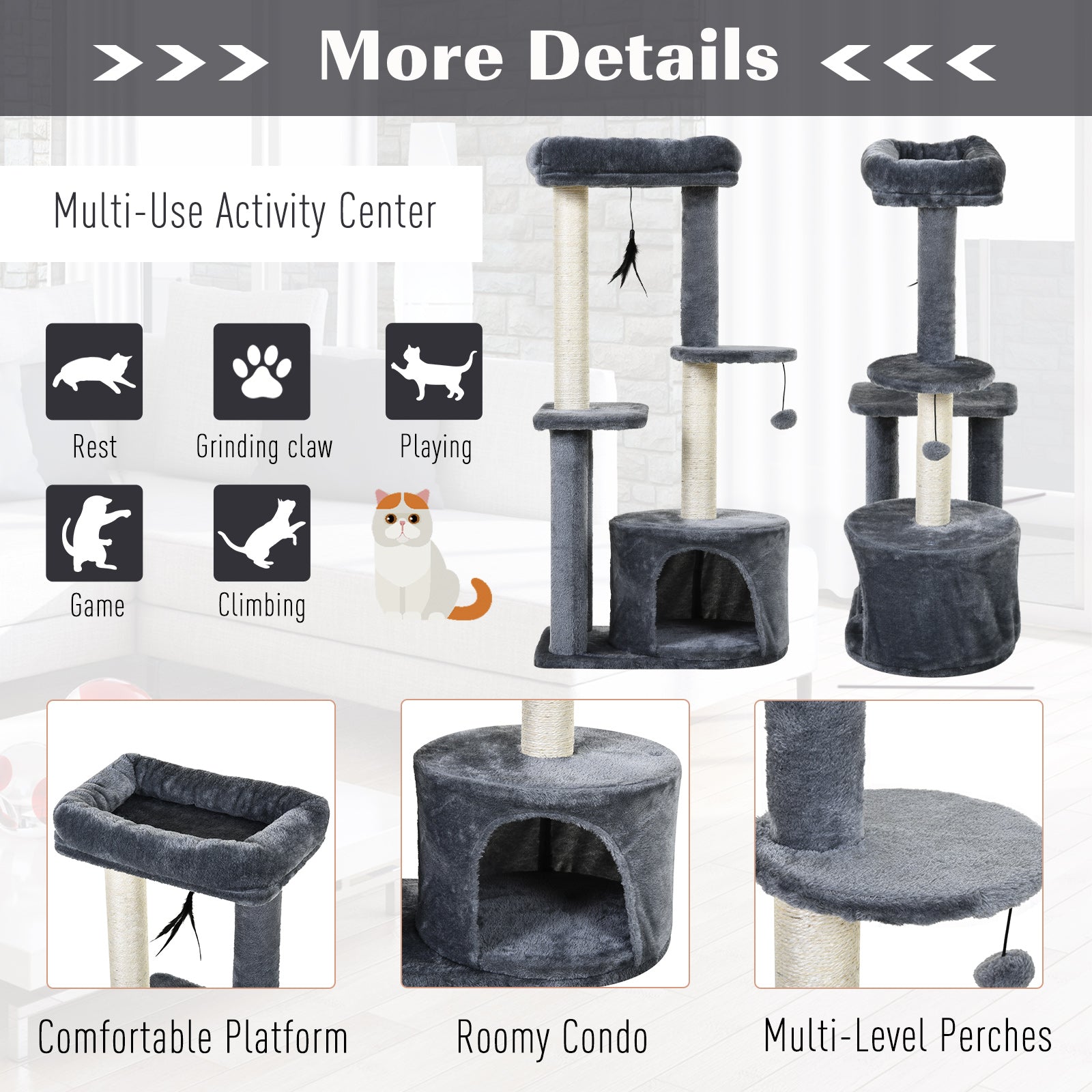 PawHut Cat Multi-Activity Tree Tower w/ Perch House Scratching Post Platform Play Ball Plush Covering Play Rest Relax Grey White - Inspirely