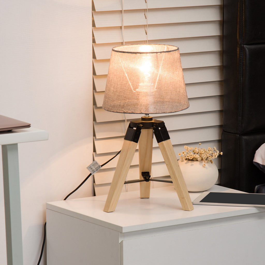 HOMCOM Wooden Tripod Table Lamp for Side, Desk or End Table with E27 Bulb Base（Grey Shade） - Inspirely