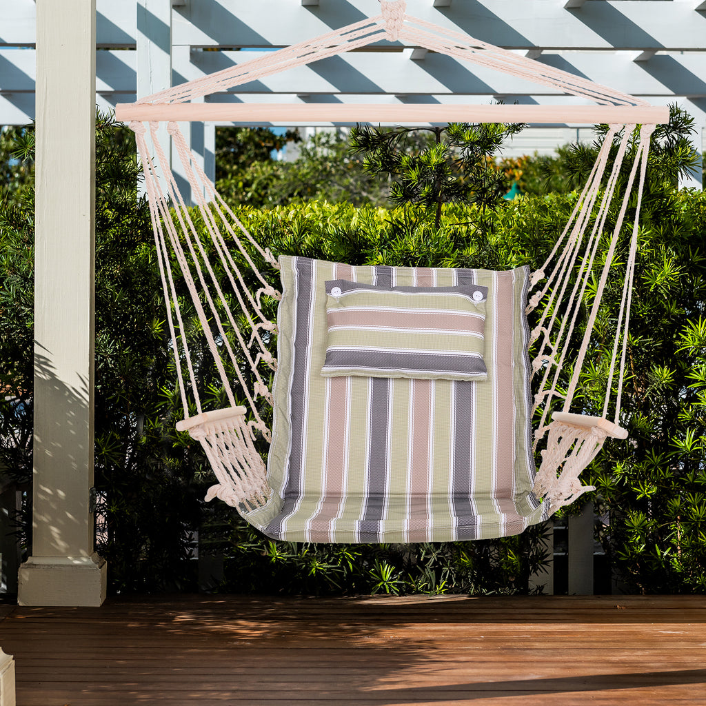 Outsunny Garden Outdoor Hanging Hammock Chair Thick Rope Frame Wooden Arms Safe Wide Seat Garden Outdoor Spot Stylish Multicoloured stripes - Inspirely