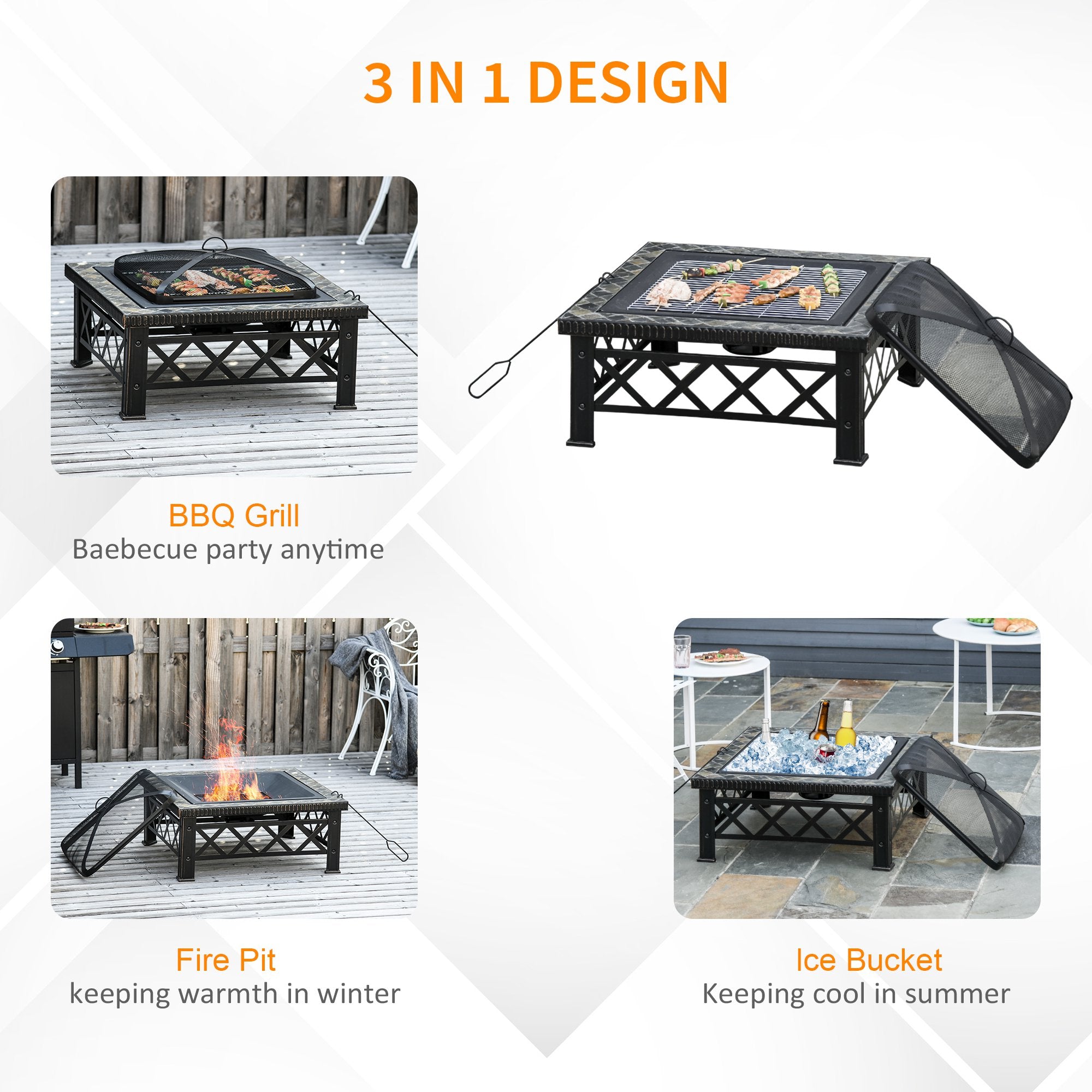 Outsunny 3 in 1 Square Fire Pit Square Table Metal Brazier for Garden, Patio with BBQ Grill Shelf, Spark Screen Cover, Grate, Poker, 76 x 76 x 47cm - Inspirely