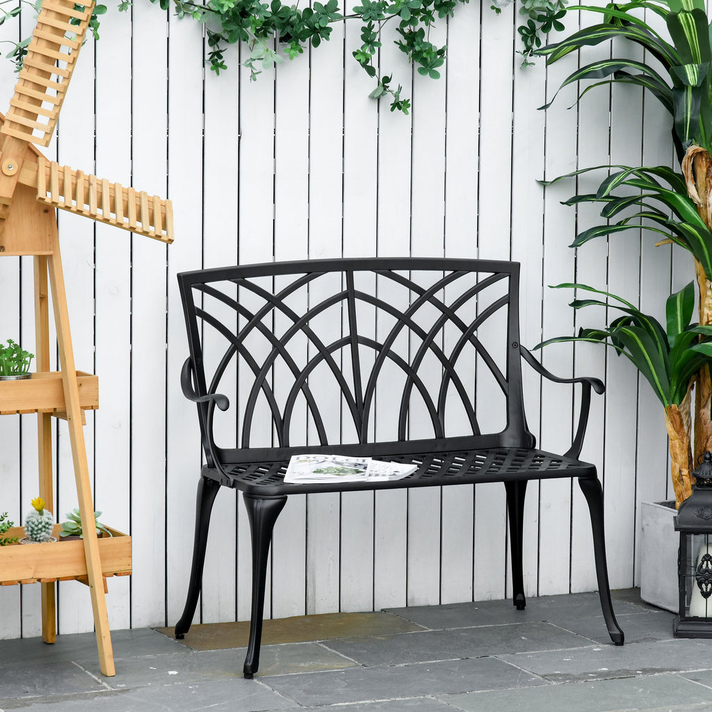 Outsunny 2-Seater Aluminium Garden Bench Loveseat Outdoor Furniture w/ Decorative Backrest & Ergonomic Armrest for Patio Terrace Porch