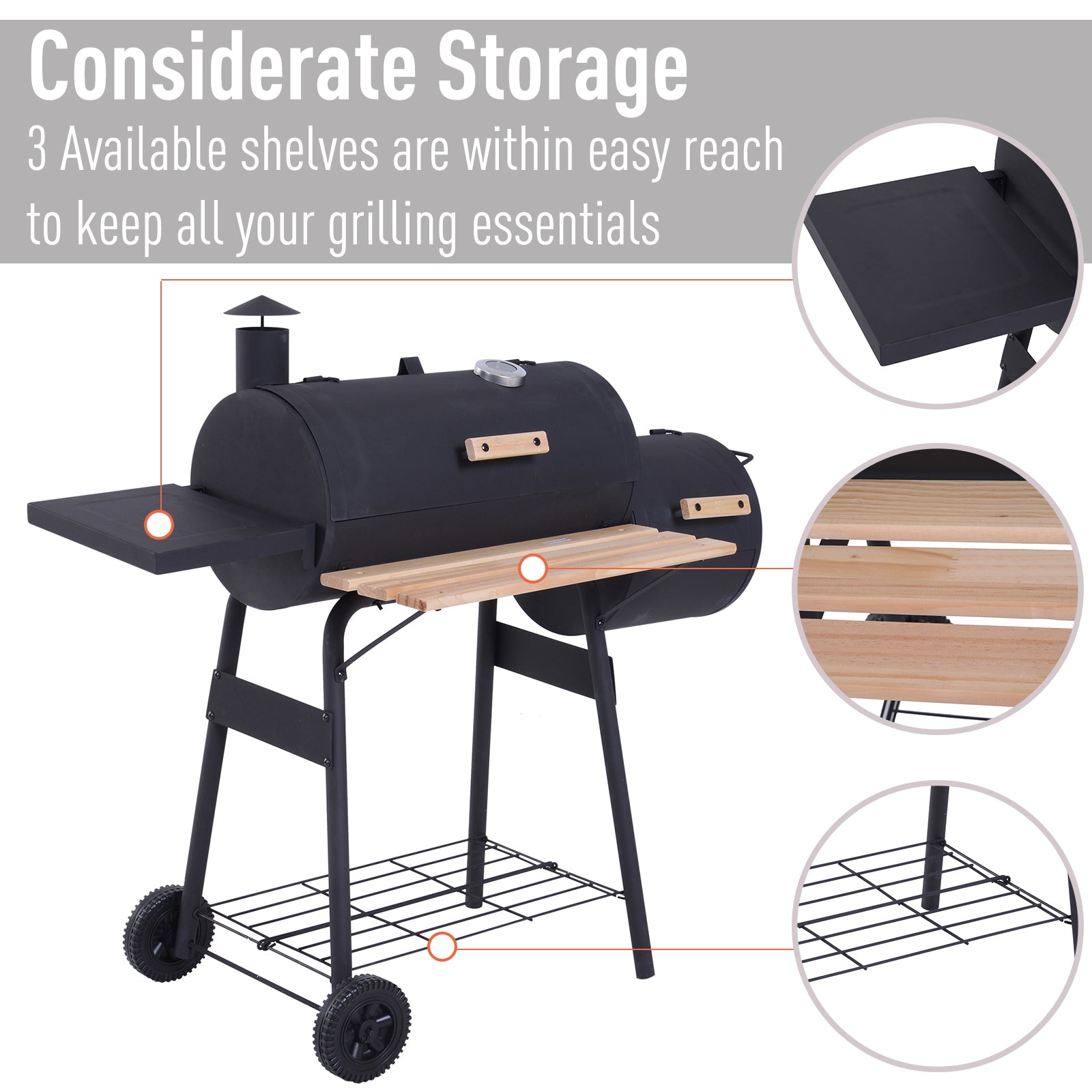 Outsunny Charcoal Barbecue Grill Garden Portable BBQ  Trolley w/ Offset Smoker Combo, Handy Shelves and On-lid Thermometer - Inspirely