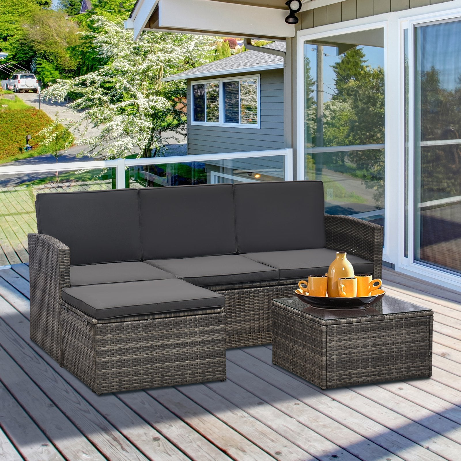 Outsunny 4-Seater Outdoor Garden Rattan Furniture Set w/ Table Grey