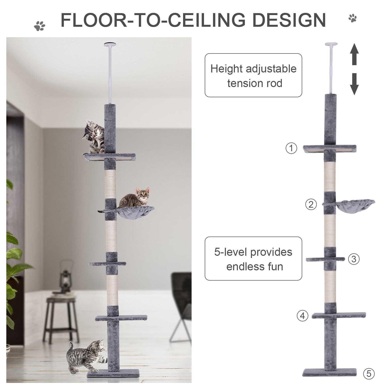 PawHut Cats Floor to Ceiling Scratching Post w/ 5-Tier Plush Leisure Platforms Grey - Inspirely