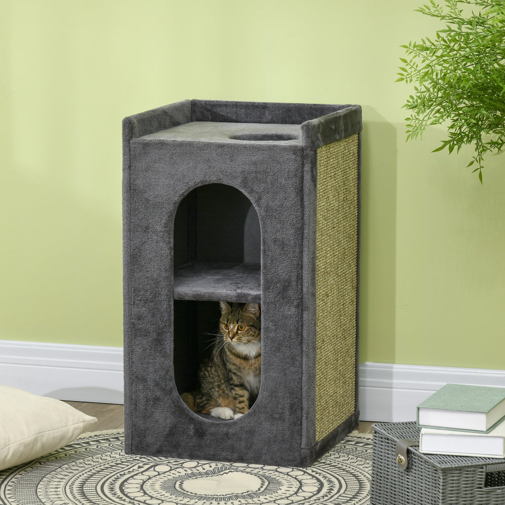 PawHut 81 cm Cat Scratching Barrel with 2 Cat Condos, Cat Play Tower with Scratching Pad, Cat Scratching Tree for Indoor Cats, Grey