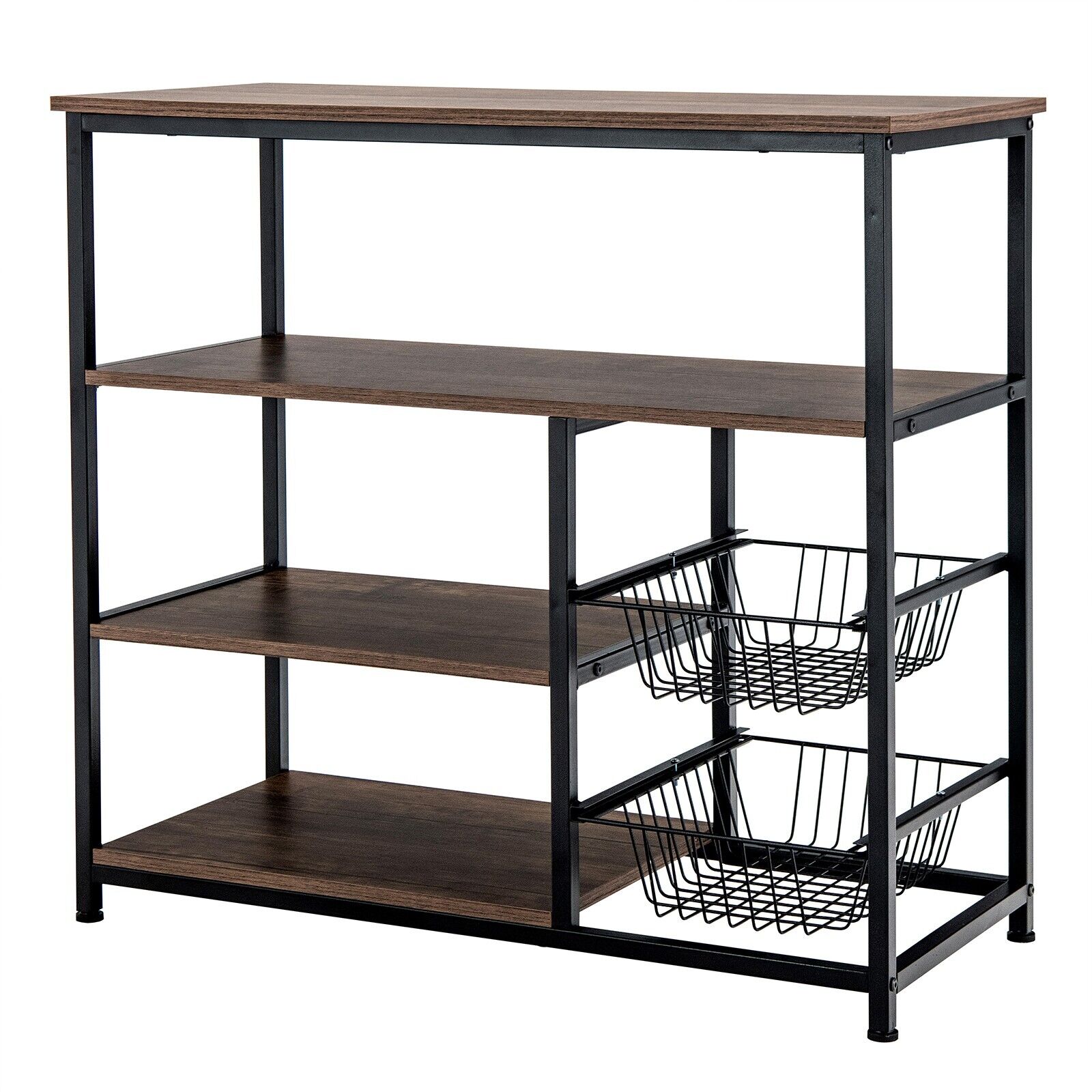 Industrial Kitchen Baker's Rack with 2 Wire Baskets-Rustic Brown