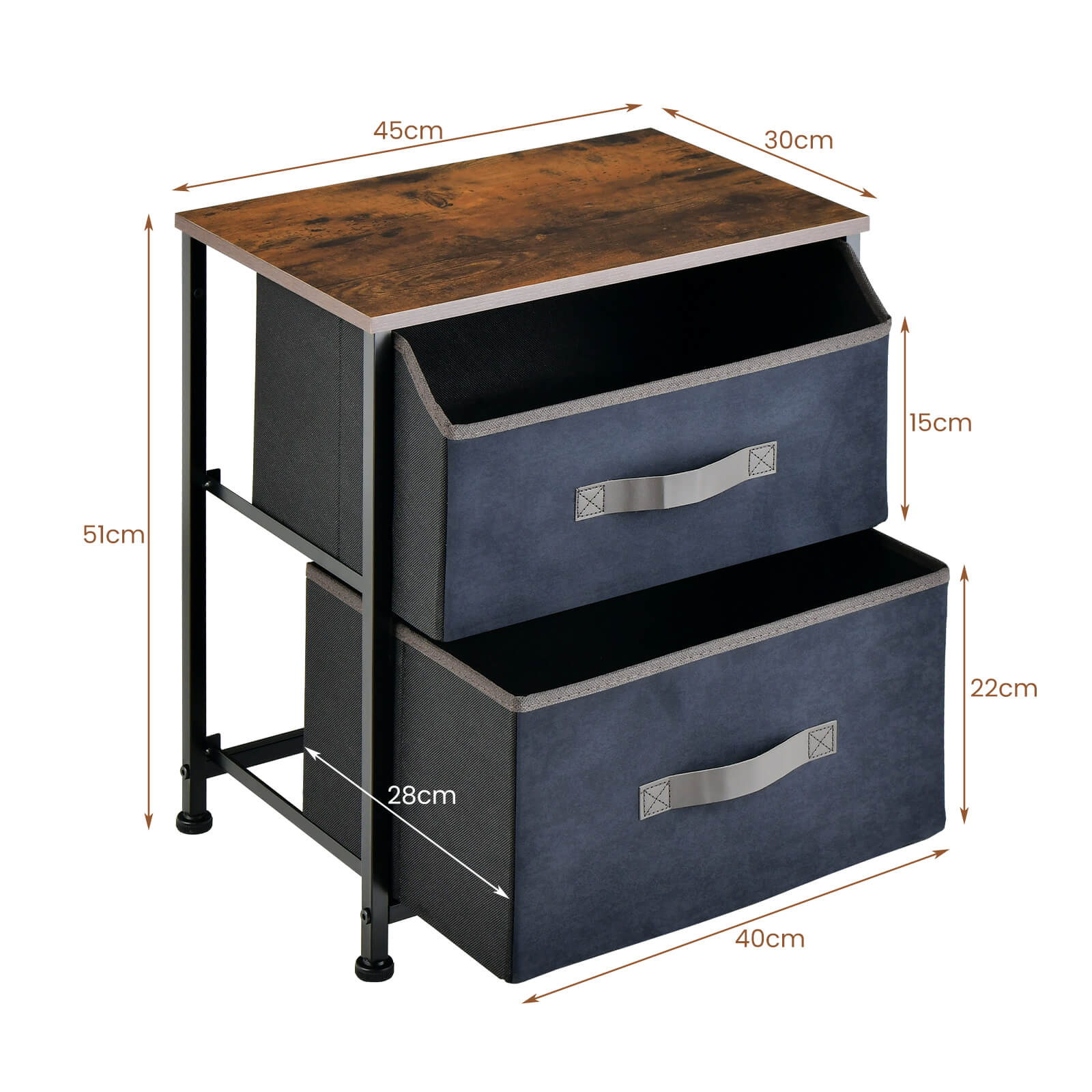 2-Drawer Industrial Nightstand with Anti-Toppling Device-Rustic Brown