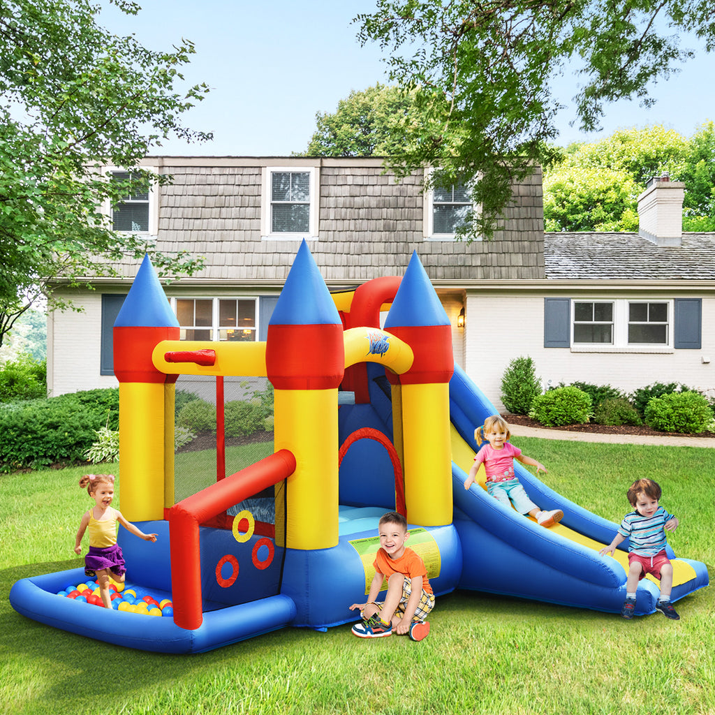 Inflatable Bouncer with Ball Pit and Slide and Climbing Wall with Air Blower