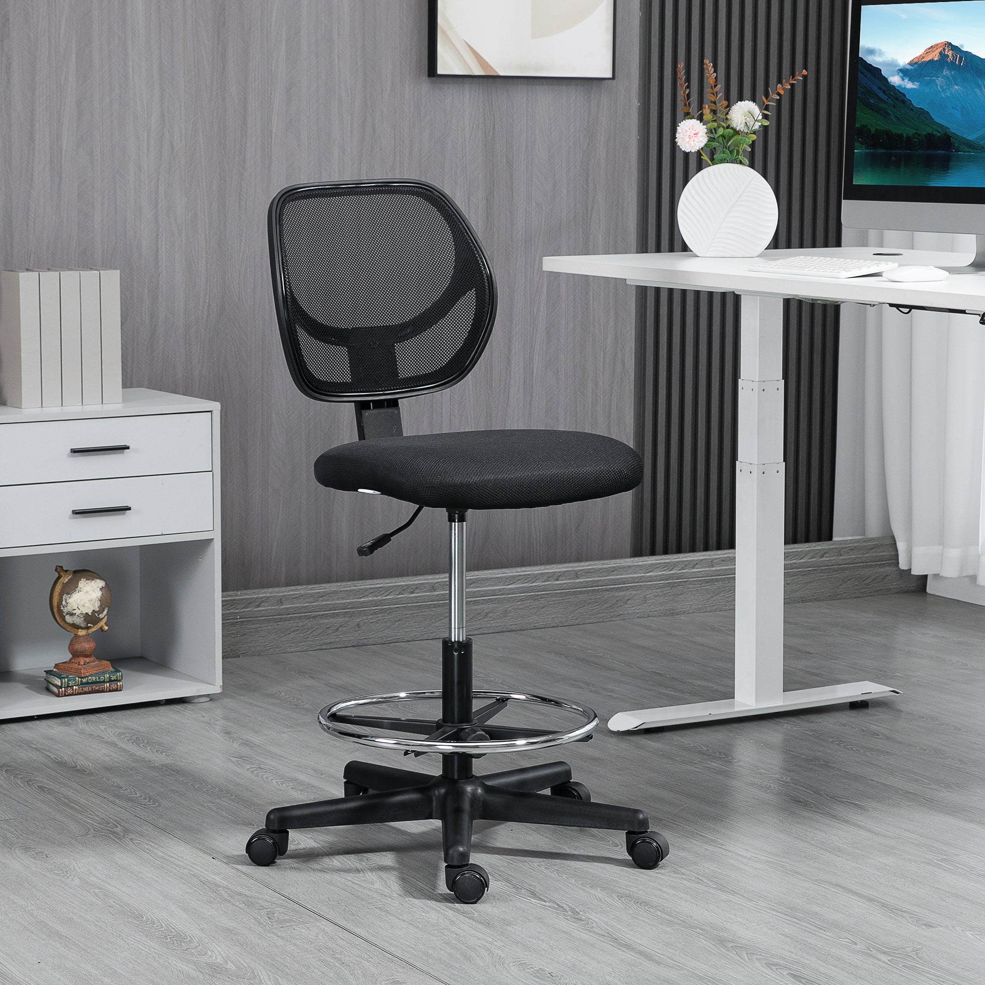 Vinsetto Ergonomic Mesh Standing Desk Chair with Adjustable Footrest Ring and Seat Height Black