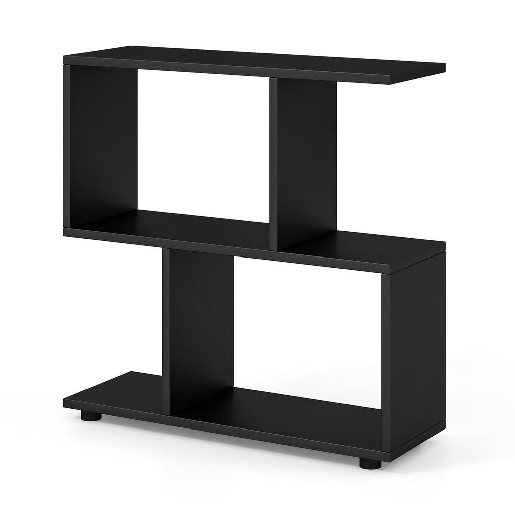 2-tier Irregular Storage Shelf Wood Shelving Units with 4 Compartments-Black
