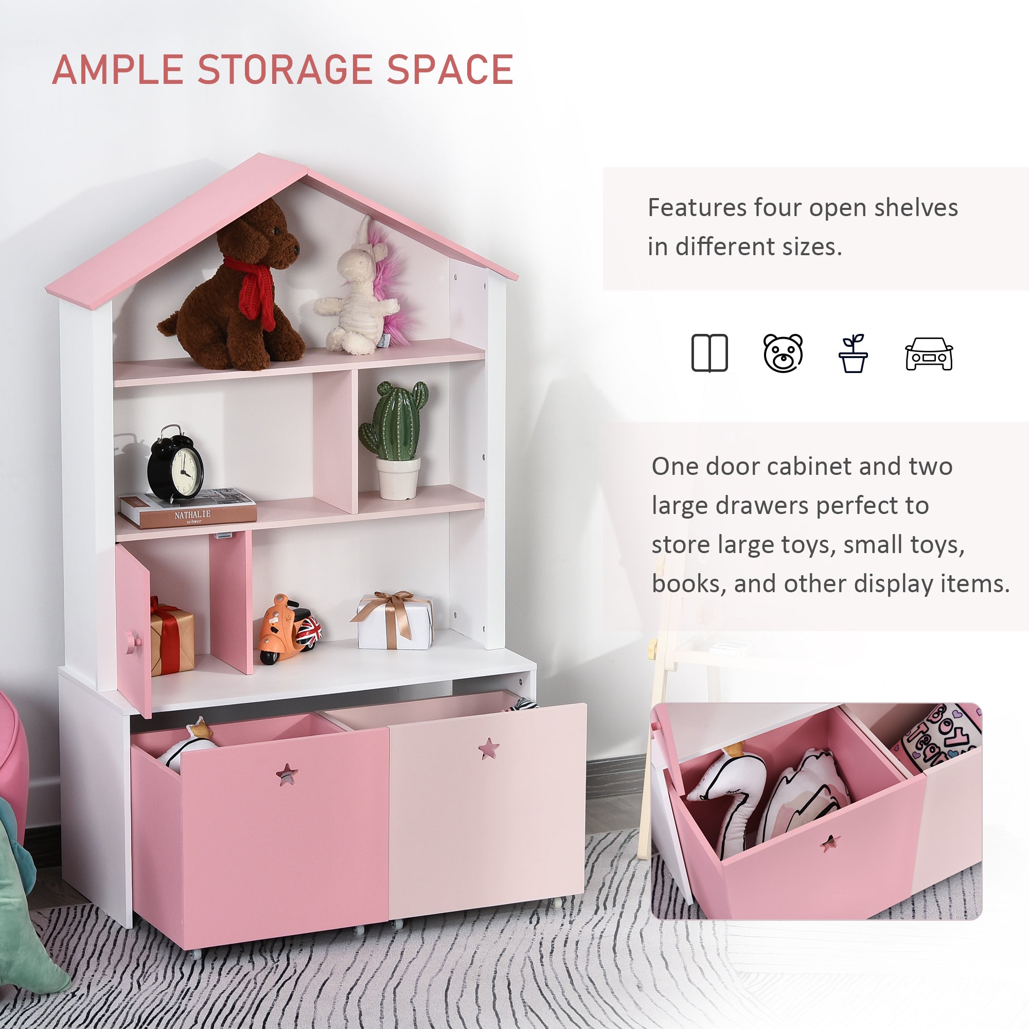 HOMCOM Kids Bookshelf Chest w/ Drawer with Wheels Baby Toy Wood Organizer Display Stand Storage Cabinet 80x34x130cm Pink - Inspirely
