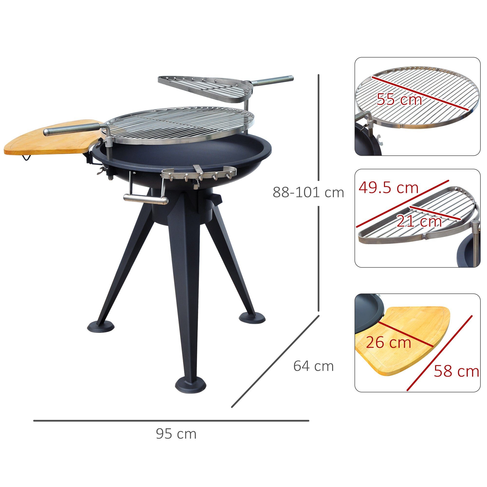 Outsunny Charcoal BBQ Outdoor Garden Adjustable Barbecue Double Grill Party Cooking Fire Pit with Cutting Board - Black