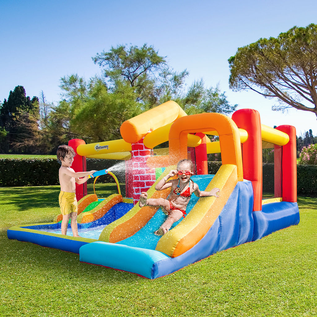 Outsunny 4 in 1 Kids Bounce Castle Extra Large Double Slides & Trampoline Design Inflatable House Pool Climbing Wall for Kids Age 3-8, 3.8x3.7x2.3m - Inspirely