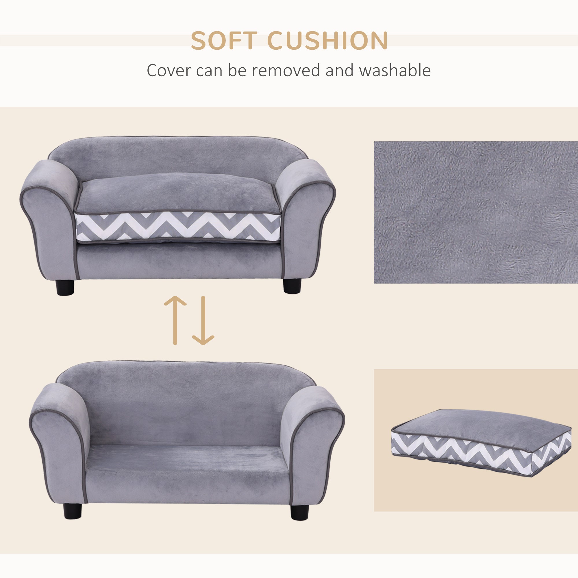 PawHut Dog Sofa Bed for XS-Sized Dogs, Cat Sofa with Soft Cushion, Pet Chair Lounge with Washable Cover, Removable Legs, Wooden Frame - Grey