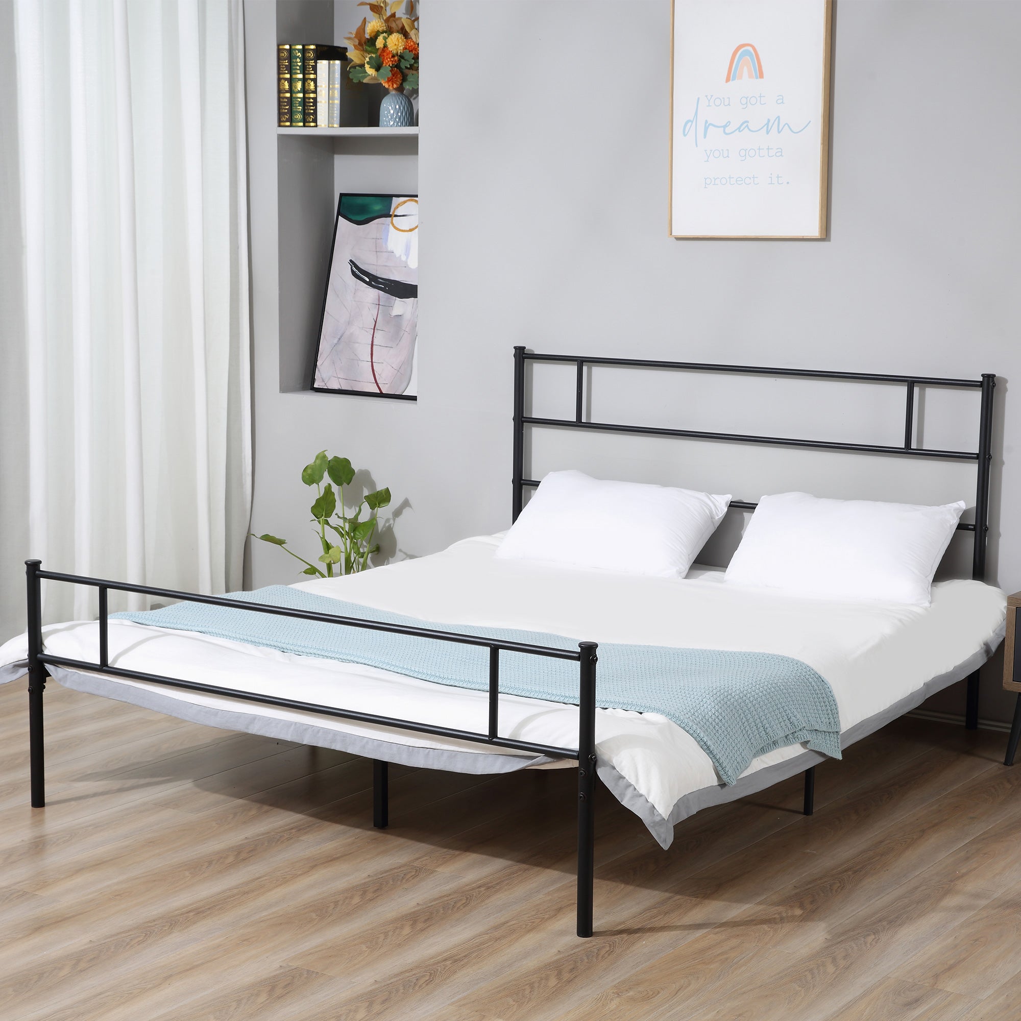 Double Metal Bed Frame with Headboard and Footboard, Underbed Storage Space Black - Inspirely