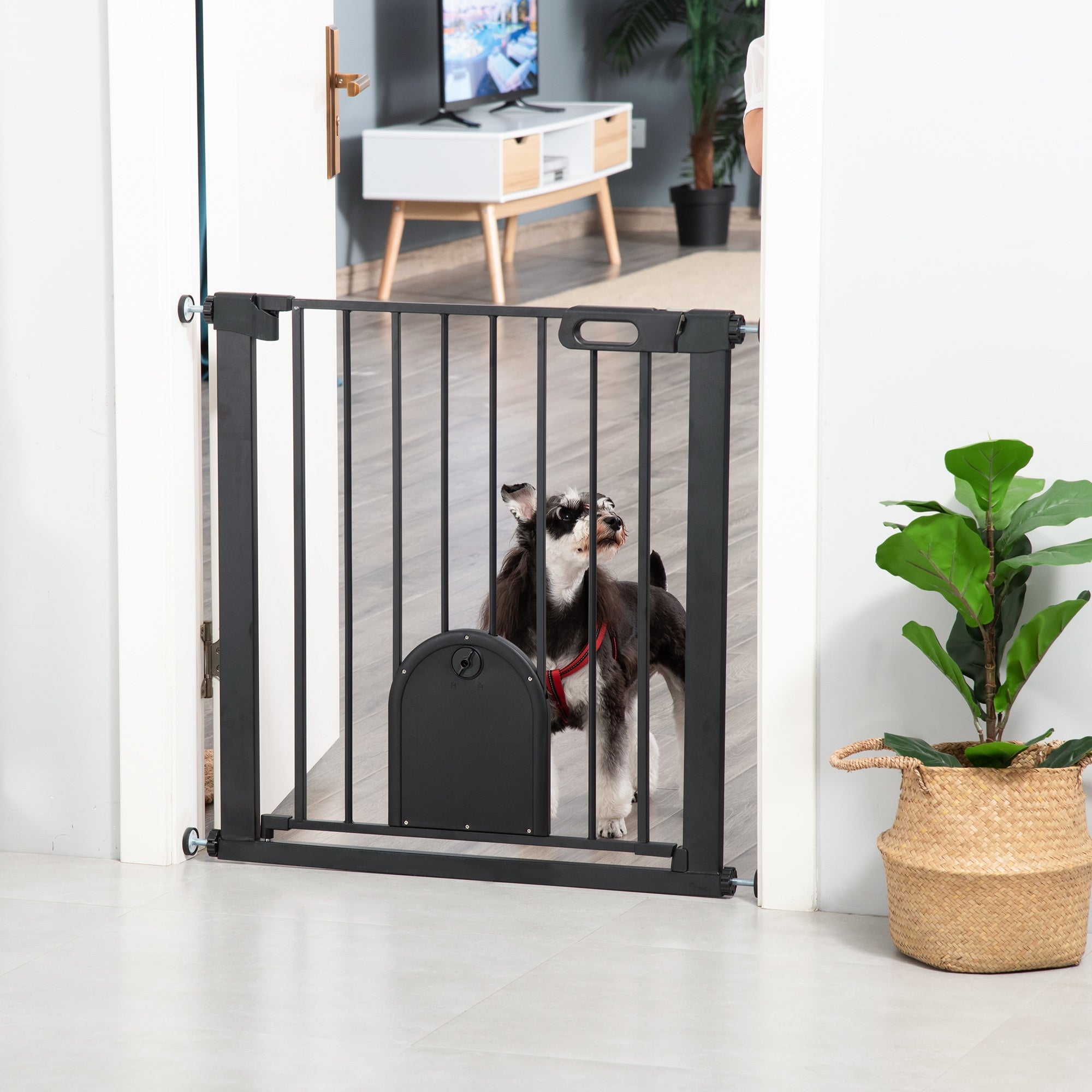 PawHut 75-82 cm Pet Safety Gate Barrier, Stair Pressure Fit, w/ Small Door, Auto Close, Double Locking, for Doorways, Hallways, Black - Inspirely
