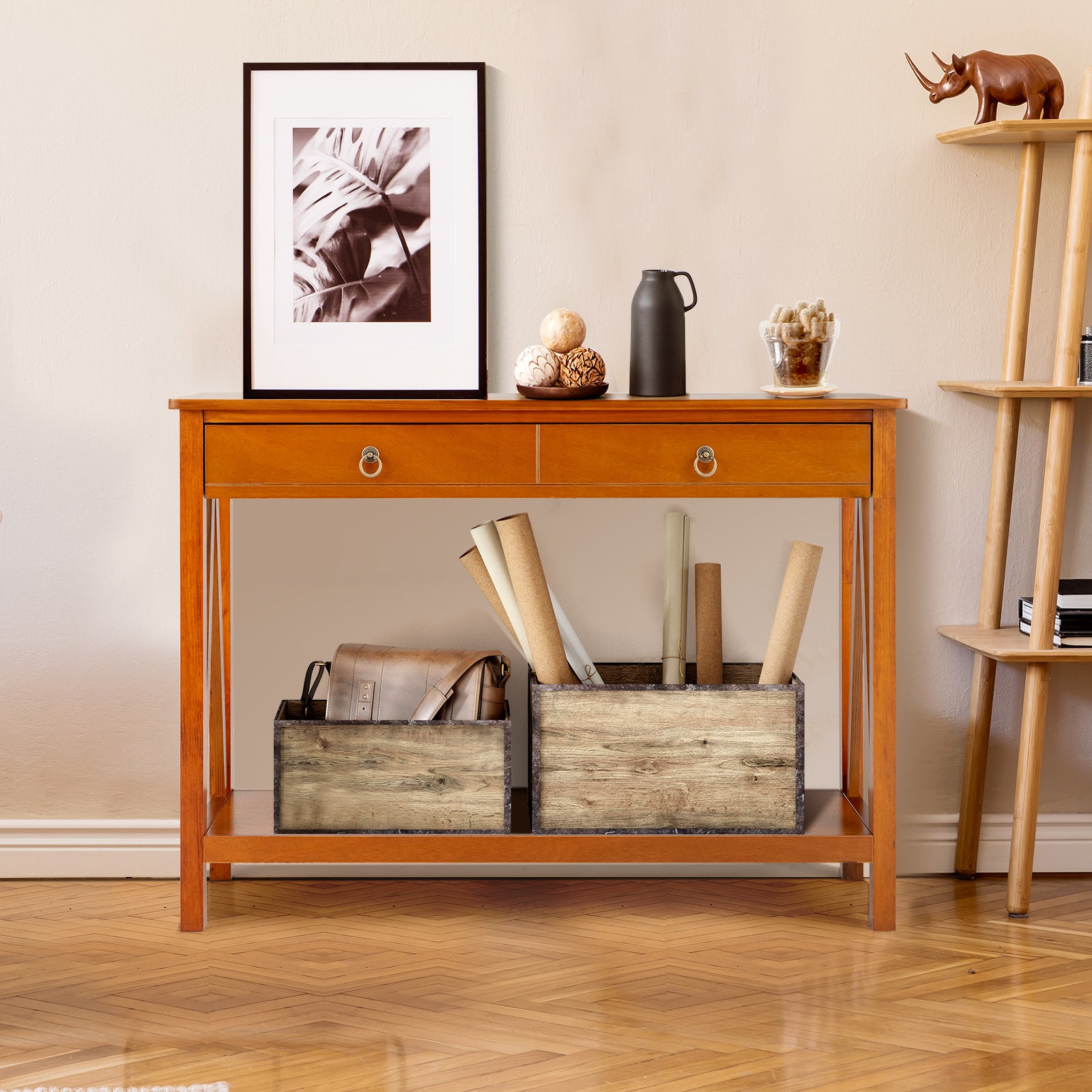 Wooden Console Table with Drawer and Open Storage Shelf for Entryway