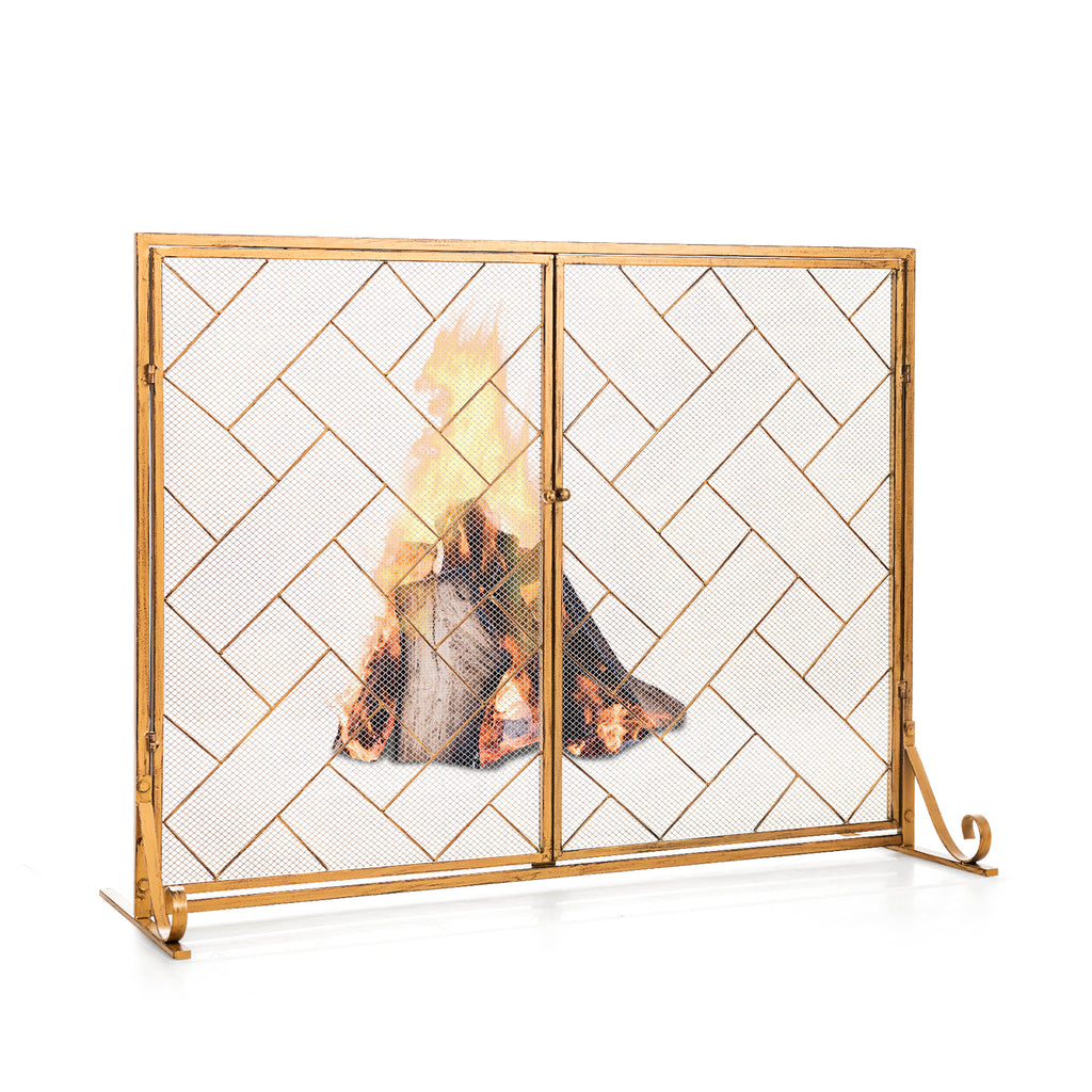 2-Panel Mesh Fireplace Screen with Double Magnetic Doors-Golden
