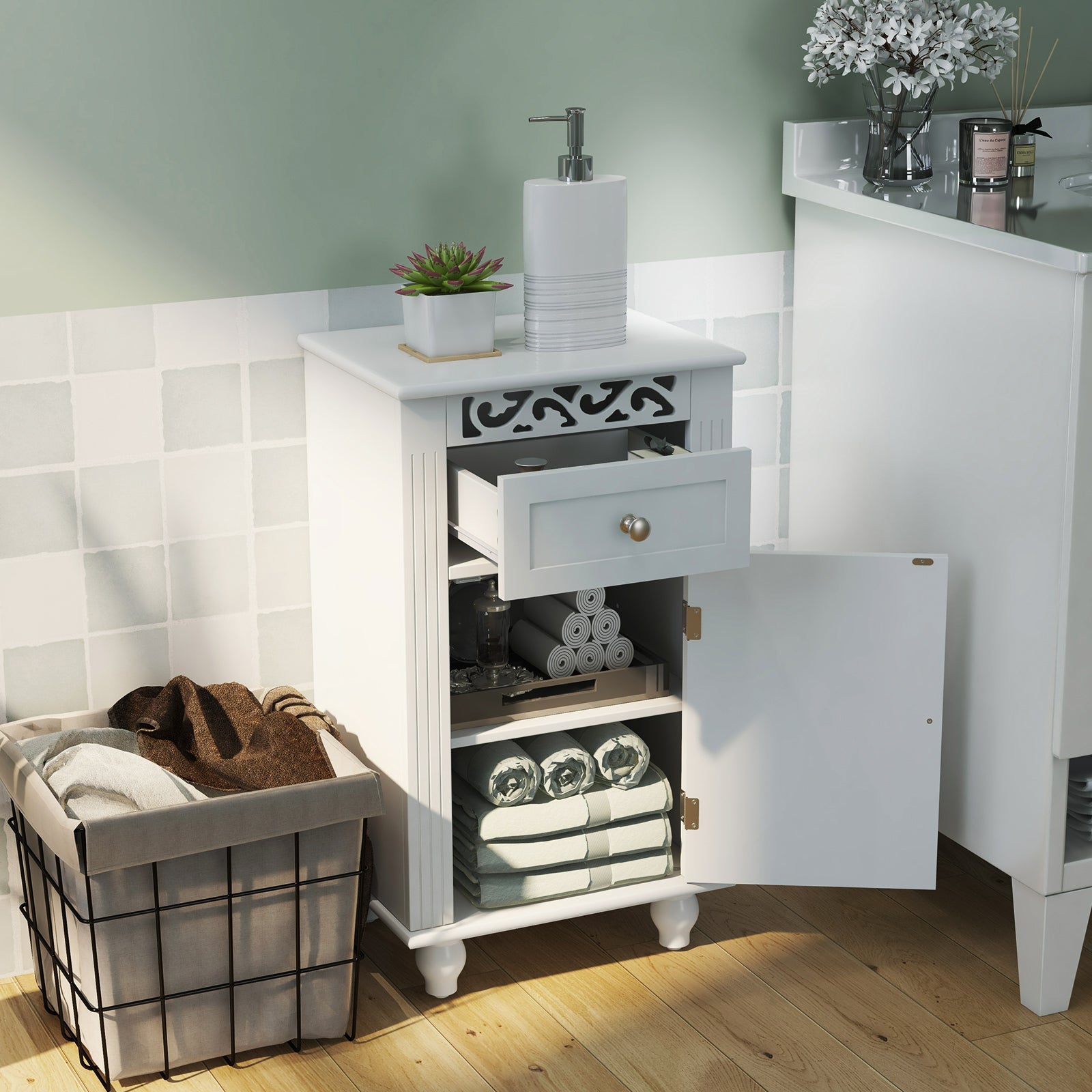 Carved Flowers Bathroom Storage Cabinet with Adjustable Shelf-White