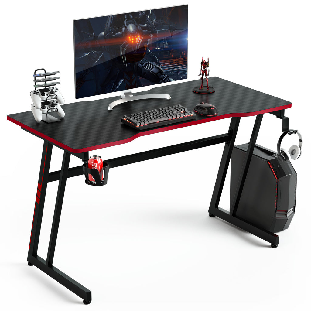 Z-Shaped Computer Desk with Headphone Hook and Cup Holder-Red / Black