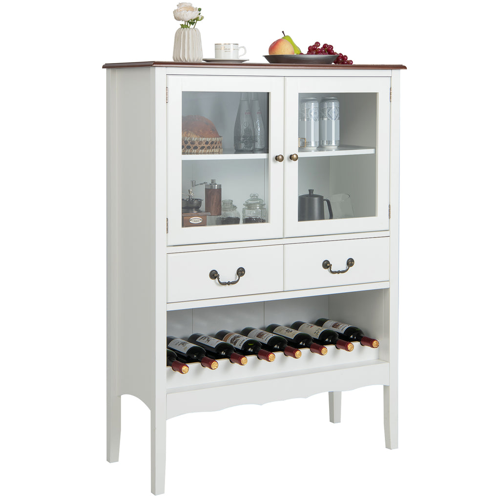 Wooden Kitchen Sideboard with Wine Rack 2 Glass Doors and Drawers White