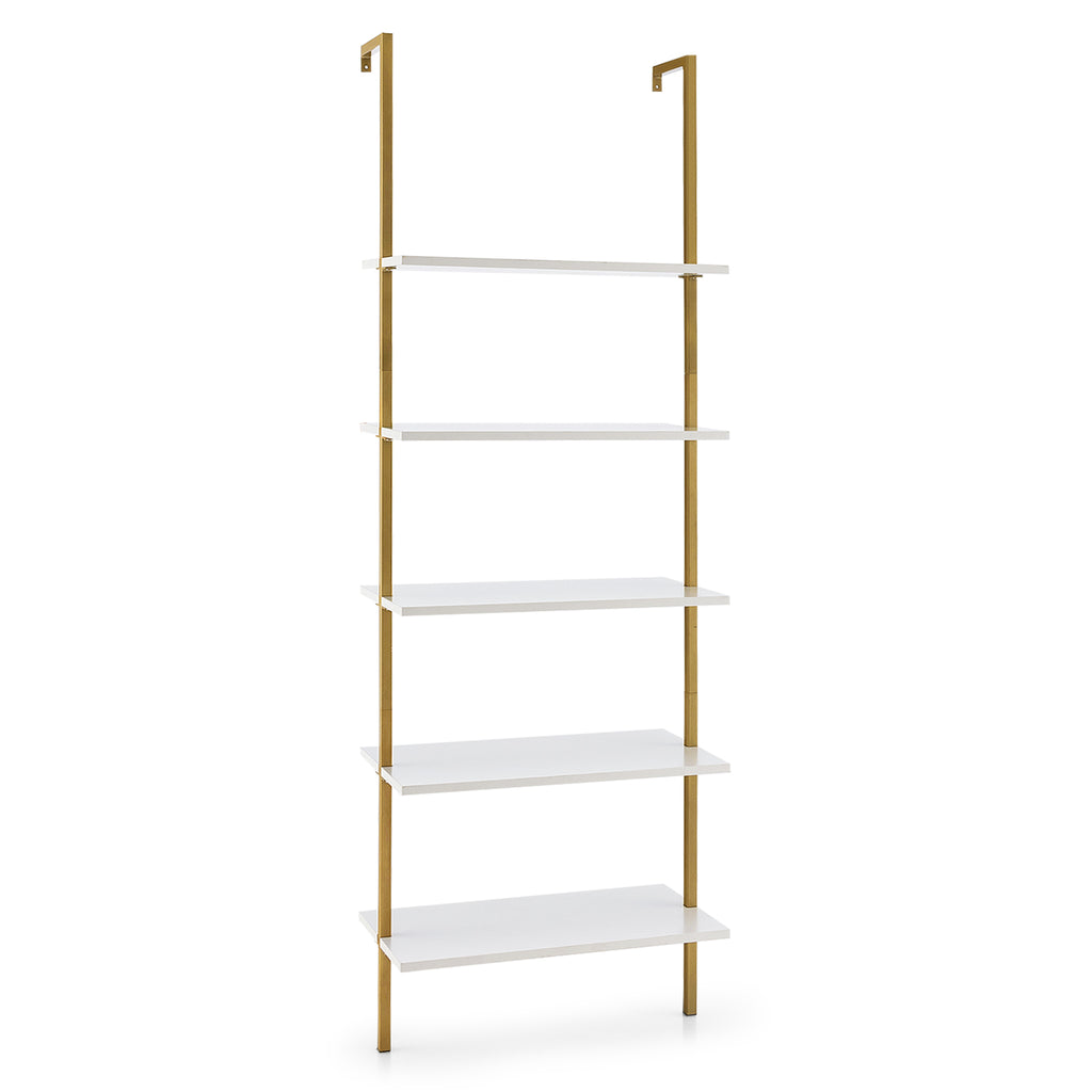 5 Tier Ladder Shelf with Steel Frame for Living Room Bedroom Office White &amp; Golden