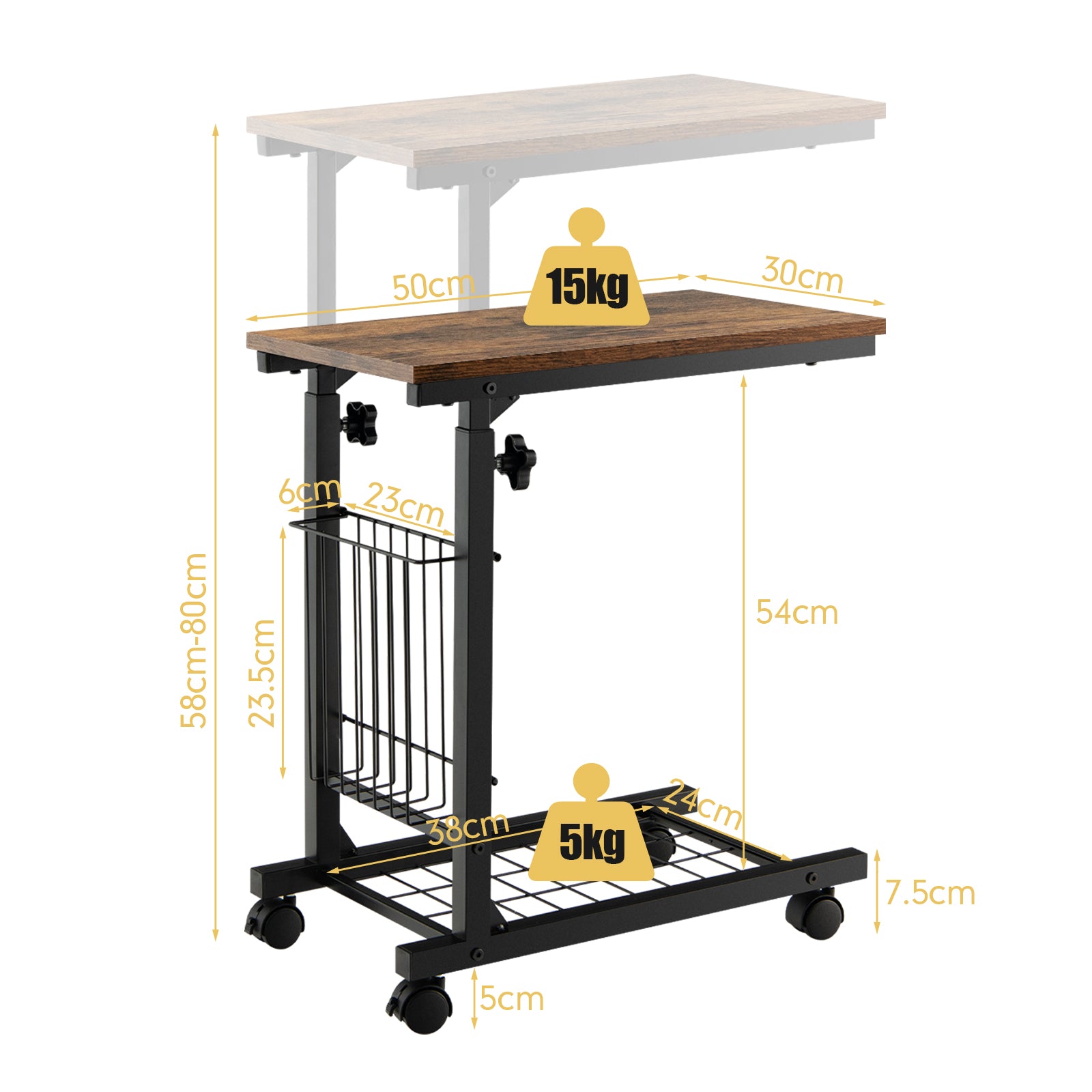 C-shape Adjustable End Table with Storage Basket-Rustic Brown