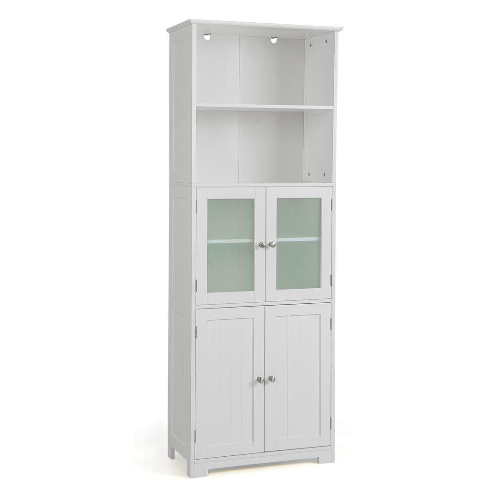 Freestanding Storage Cabinet with Tempered Glass Door and Open Shelves, White