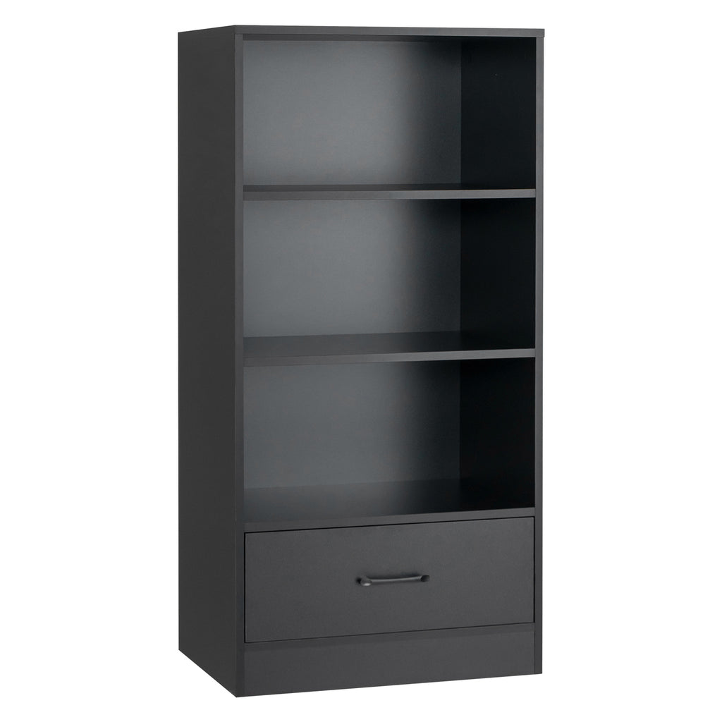 Wooden Storage Bookshelf Cabinet with 3 Tier Open Shelves and Drawer Black