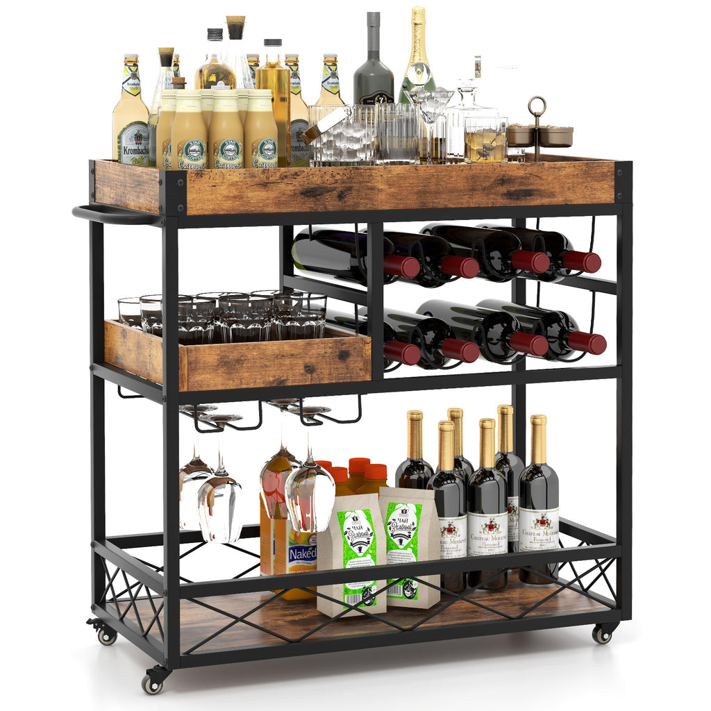 Home Bar Serving Car with Removable Tray-Rustic Brown