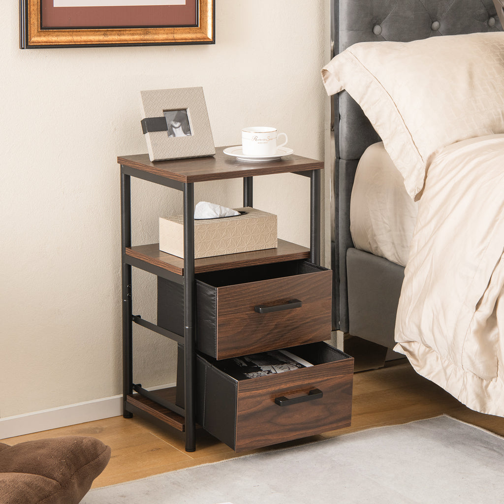 Metal Frame Bedside Table with Open Shelf and 2 Drawers-Rustic Brown