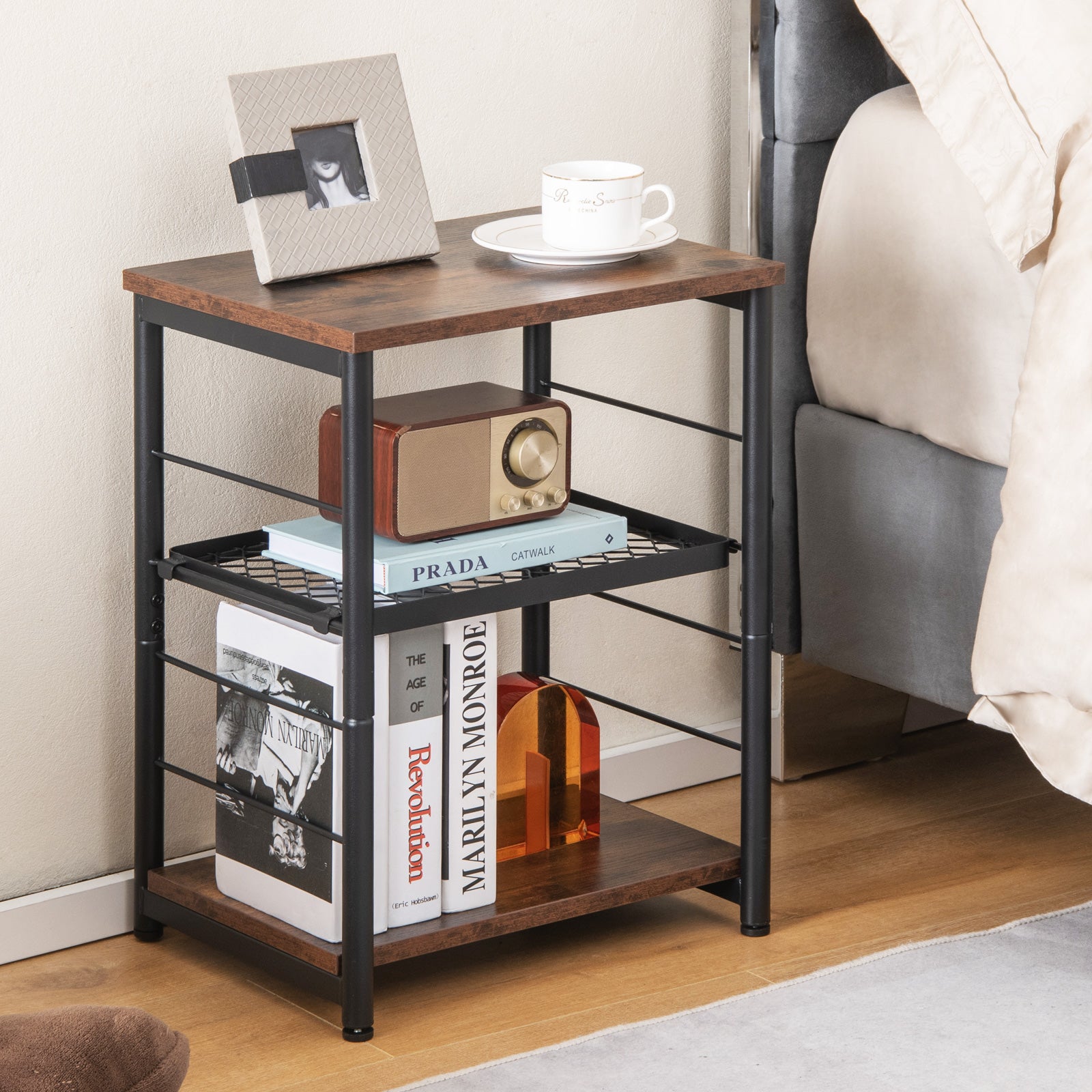3-Tier Side Table with Adjustable Mesh Shelf for Living Room Bedroom-Rustic Brown